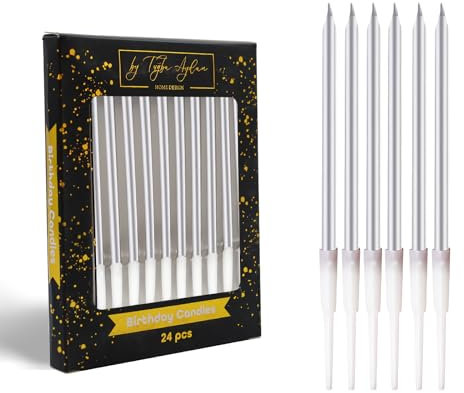 by Tugba Aydan - 24 Count Long Thin Silver Birthday Candles, Metallic Cake Candle for Birthday, Party Candles