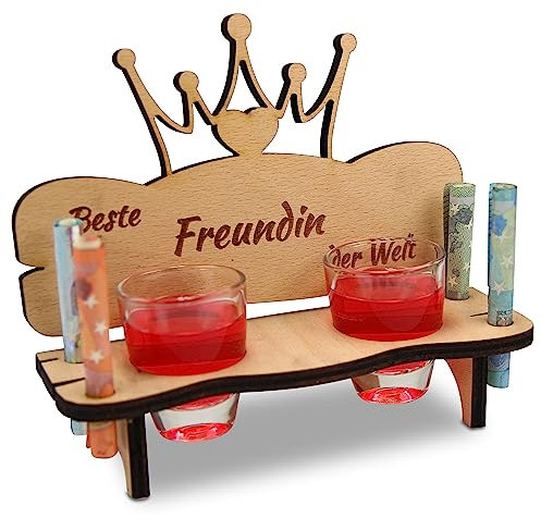 Urhome Schnapsbank mit Herz Krone und 2 Schnapsgläser - Beste Freundin der Welt Holzbank - Gravur zum Geburtstag, Jubiläum, Jahrestag Geschenk aus Holz