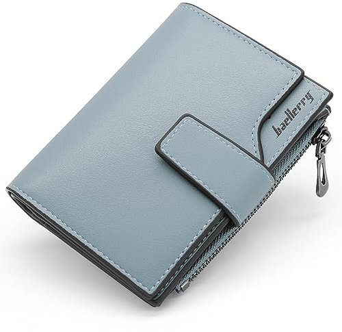 HNOOM Damen Geldbeutel PU Leder Portemonnaie Damen Klein und im Kurzformat Geldbörse Damen Viele Fächer Mini Portmonee Damen mit 15 Kartenfächer und Münzfach (Hellblau-X)