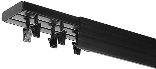 RENA Vorhangschiene 2-läufig Gardinenschiene aus Kunststoff Vorhang-Deckenschiene mit Abdeckung und Klammern Gardinenleiste Gardinenstange Gardinen Vorhänge für Deckenmontage Schwarz 200cm