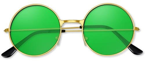 BOUBONI Hippie Sonnenbrille 70er Jahre Runde Hippie Brille Party Deko Sonnenbrille für Damen mit farbigem Brillenputztuch (Grün)