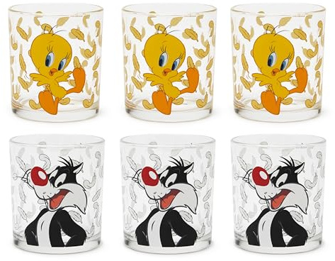 Excelsa Looney Tunes Set mit 6 Gläsern, Glas, Fassungsvermögen 250 ml, Titty und Silvester