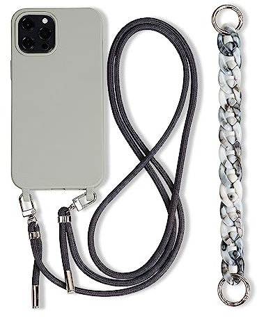 FIFTHAVE Handykette iPhone 15 pro Hülle mit Armband,Necklace Handyhülle mit Band Schutzhülle Silikon iPhone 15 pro Silikon Case Cover mit Kette Lanyard TPU Stossfest Cover 6.1 Zoll Grau