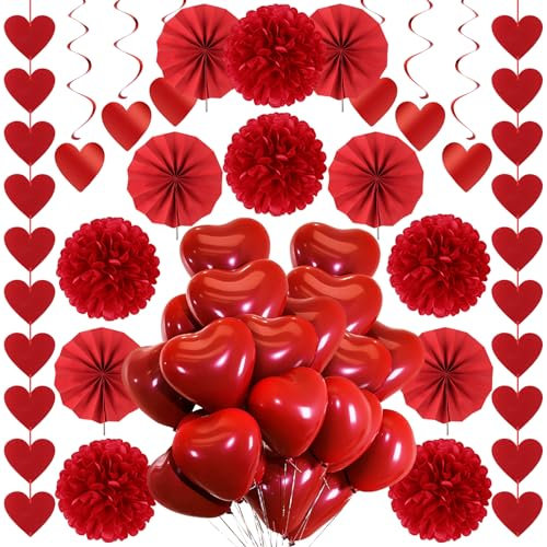 YiYa Red Party Decorations Kits Red Heart Balloons Hanging Red Paper Fan Pom Poms Flowers for Valentines Day Party Decoration Birthday Parties Baby Showers Wedding Anniversary Decoration