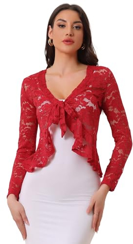 Allegra K Lace Bolero for Women's Christmas Tie Front Cardigan Ruffled Hem Formal Office Sheer Crop Shrug Small Red