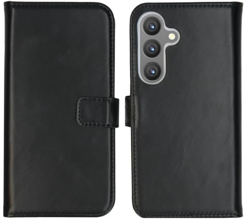 SELENCIA Bookcase Hülle kompatibel mit Samsung Galaxy S24 – Era Leder Handytasche Side Flip Case – Handyhülle aus Rindsleder in Schwarz [3 Kartenfächer, Magnetverschluss]