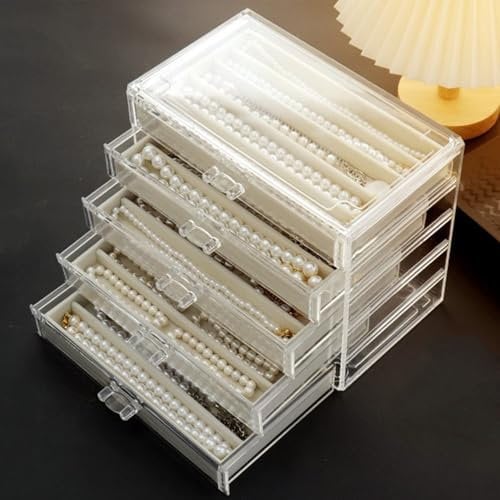 Jinavoty Necklace Storage Box, Acrylic Necklace Organizer Box with Velvet Tray, Dustproof Necklaces Holder Display Case for Women and Girls (Beige, 5 Drawers)