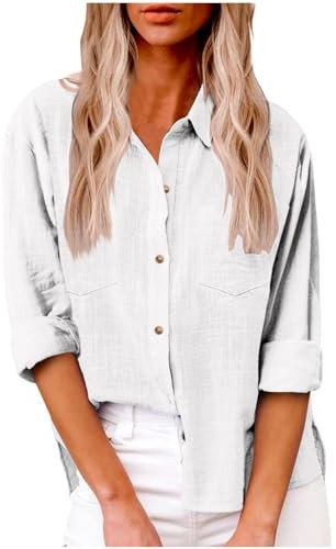 AMhomely Oversized Summer Linen Tunic Tops - Women's Long Sleeve Shirts for Clearance Dressy Casual Tees in White L