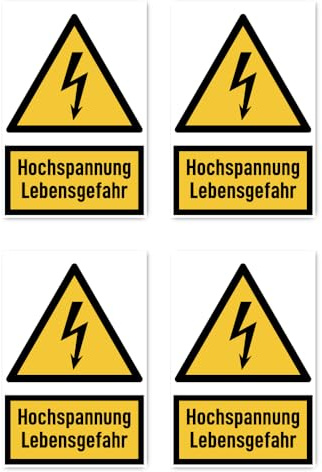Aufkleber: 150x100 mm, 4 Stück - Hochspannung Lebensgefahr - Warnzeichen mit Text (deutsch) (gelb/schwarz) - hochkant - W012 - DIN EN ISO 7010 / ASR A1.3