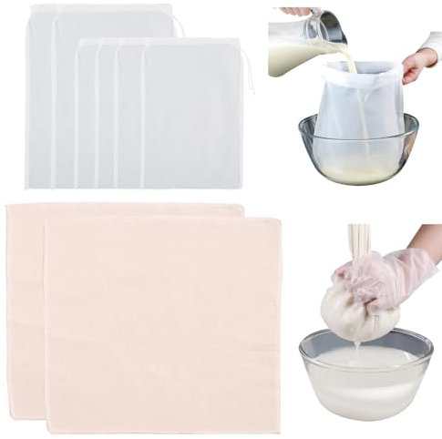 KASESSS 2 Piezas Colador Tela y 6 Bolsa de Colador Reutilizable, Telas Filtrantes de Algodón Cheese Cloth Malla Fina, Bolsa de Leche de Nuez con Cordón para Queso Tofu Zumo de Frutas Leche Vino