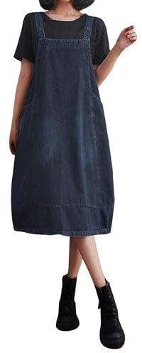 Salopette Femme Mi-Longue - Robe en Jeans Vintage Grande Taille Ample Couleur Pure - La Grâce Base Robes Plage De Vacances Retro Avec Bretelle Sans Manche Chic Dress