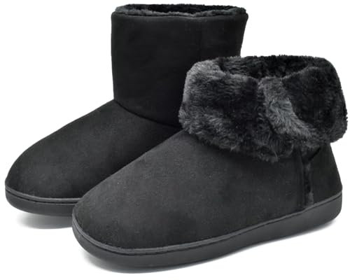 KuaiLu Hohe Hausschuhe Boots Damen Winter Fell Gefütterte Hausstiefel Frauen Warme Flauschige Plüsch Hüttenschuhe Kuschel Geschlossen Hausschuhe Stiefel Hausboots Kuschelhaussschuhe Schwarz 38-39 EU