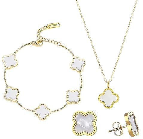 KBIBCK Vierblättriges Kleeblatt Schmuckset, 18K Vergoldet Vierblättriges Kleeblatt, Vierblättriges Glücksklee Schmuckset, Halskette,Ohrringe,Armband, Hypoallergenes Emaille-Schmuckset