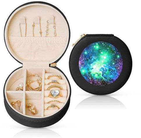 Grüne blaue lila Galaxie tragbare runde Leder-Schmuckschatulle – perfekte Aufbewahrungslösung für Ringe, Ohrringe, Halsketten, Armbänder