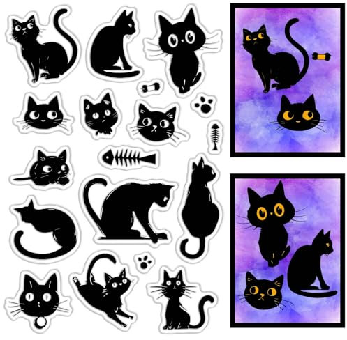 craspire Gummistempel Mit Schwarzer Katze Cartoon Stempel Mit Fischgräte Katzenkopf Pfotenabdruck Tier Haustier Wiederverwendbar Transparenter Silikonstempel Im Vintage Stil Für Tagebuch