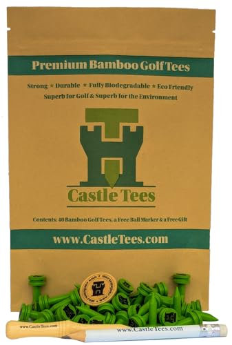 Castle Tees Official Green 40 pcs x 25mm 1 inch Green Premium Bamboo Golf Tees with a Free Pitch Repair Tool, Ball Marker & Pencil. Twice the strength of regular bamboo very strong & a Great Golf Gift