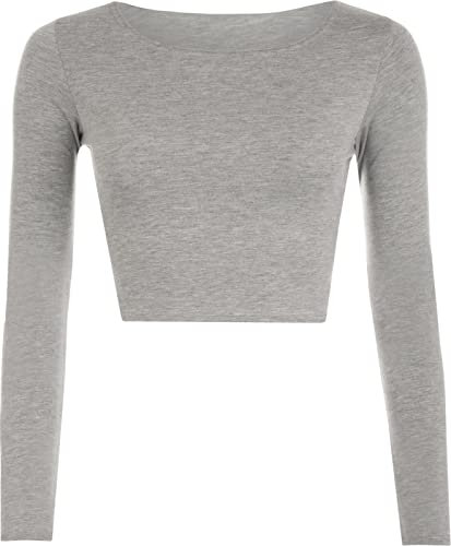 AR Paris Fashions® Women's Plain Long Sleevee Crop T-Shirt, Ladies Round Neck Workout Running Short Basic Tee Tops (Light Grey, 8-10)