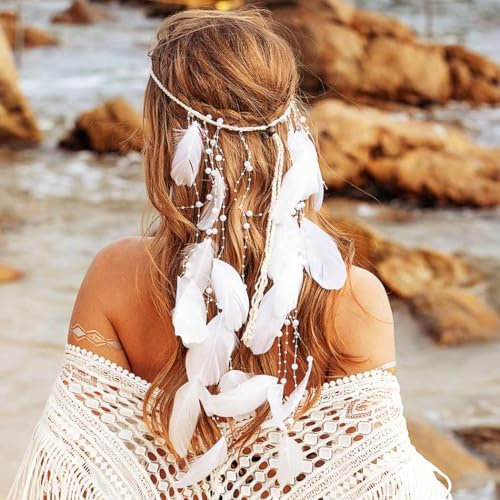 Zoestar Bandeau bohème à plumes blanches avec perles et plumes tribales – Coiffe hippie – Accessoire de cheveux pour femme