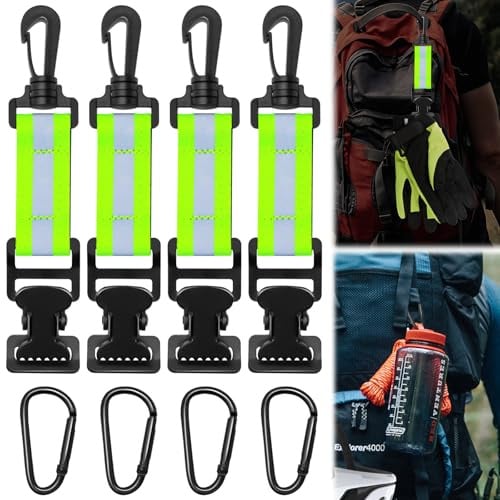 Celepoir 4 Stück Feuerwehr Handschuhhalter, Einzelner Clip Handschuh Clips | mit Wanderschnalle, Grün Reflektierendes Streifen Design Metal Handschuh Clip, für Handschuhen, Schutzhelmen, Handtüchern