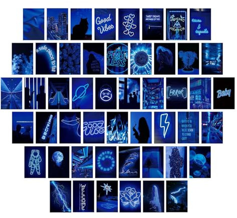 Vintage Wall Art Collage Kit 50pcs - Blue Postcard Poster Set for Bedroom | Aesthetic Boho Wall Decor, Teen Girl Gift Ideas, Dorm Room Pictures Room Decor Set for Photo Display, Customizable Wall Art