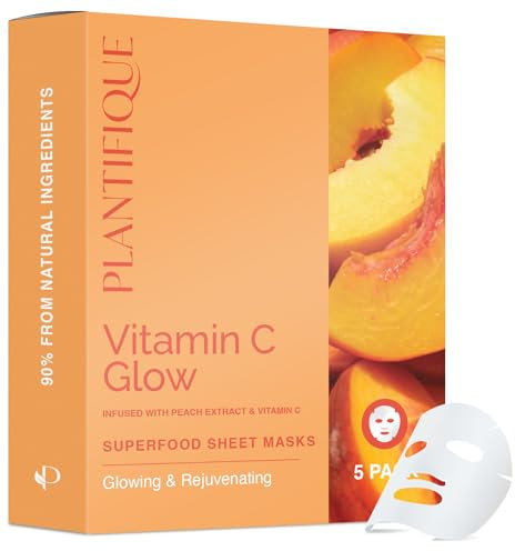 PLANTIFIQUE Koreanische Gesichtsmaske 5-Pack mit Superfoods - Pfirsichextrakt, Vitamin C & Hyaluronsäure - Feuchtigkeitsspendende und regenerierende Tuchmaske - Korean Face Mask