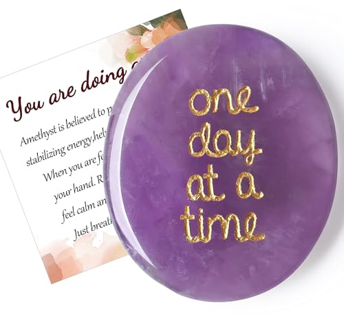 QINJIEJIE Crystal Gifts Amethyst Healing Crystals One Day at a Time Crystal | Anxiety Relief for Adults Worry Stones, You Got This Pocket Hug Purple Good Luck Mindfulness Spiritual Gifts for Women Men