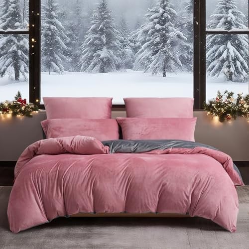 YASMENG Winter Bettwäsche 200x200 Rosa Grau Warm Kuschelig Flauschige Bettwäsche Winter Weich Warme Samt Plüsch Fleece Flanell Wendebettwäsche 3 Teilig mit Reißverschluss und 2 Kissenbezüge 80x80 cm