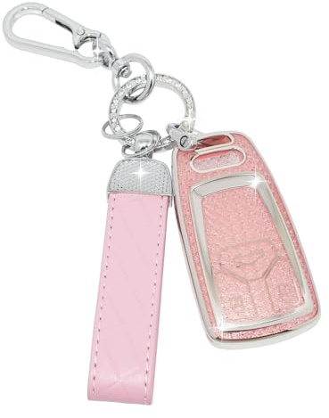 SparkleJoy Car Key Case Glitter with Leather Key Fob Compatible with Audi A4 B9 A5 Q7 Q5 TT TTS S4 S5 RS4 RS5 3-Button Key, TPU Silicone Protective Cover - Smart Key