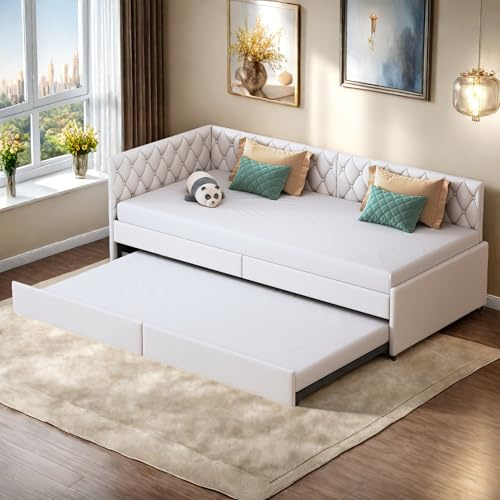 Schlafsofa aus Massivholz, 90/180 x 200 cm, 2-Sitzer-Sofa, ausklappbar, mit 2 Schubladen und Lattenrost, ausziehbares Schlafsofa mit Rückenlehne und Armlehnen, ohne Matratze (beige)
