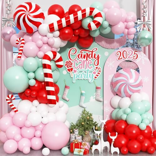 134Pcs Pastel Merry Christmas Balloon Arch Garland Kit, Red White and Light Baby Pink Green Xmas Balloons with Candy Cane Foil Balloons for Kids New Year Christmas Candy Themed Party Decorations