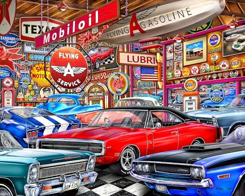 Springbok Muscle Car Museum 1000 Piece Jigsaw Puzzle for Adults - Classic Cars - Unique Cut Pieces - Made in USA | Classic car puzzle with Unique Cut Pieces, Made in USA, Eco-Friendly Materials featuring muscle cars and family game nights