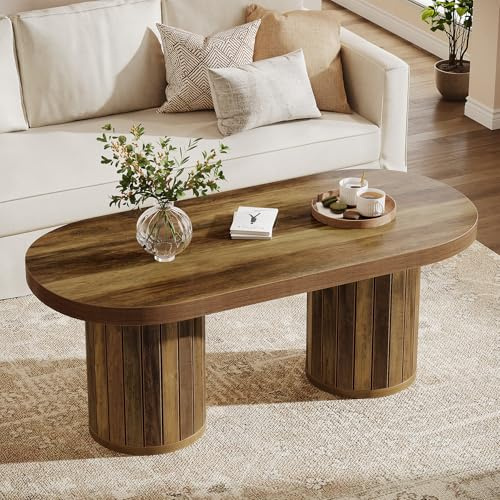 Tribesigns Oval Fluted Coffee Table, 120x60cm Farmhouse Wooden Center Table with Cylindrical Legs for Living Room, Office, Easy Assembly, Rustic Brown