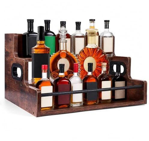 GEOKILO Bottle Display Shelf, Wooden Wine Racks Free Standing, Mini bar, Liquor Cabinet Organizer,3 Tier Retro Bar Shelves, Home Bar Shelf Stand Liquor Whiskey, Spirits for Party, Syrup, Coffee