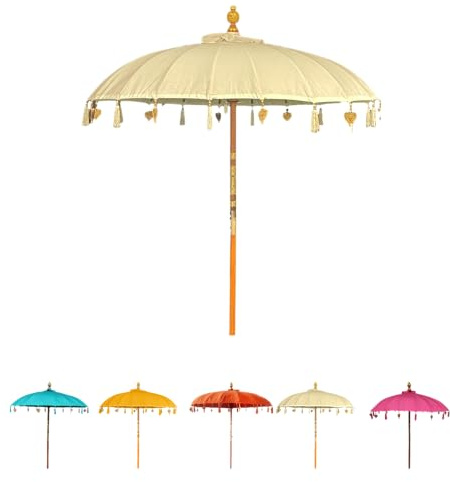 Klocke Dekorationsbedarf Bali Sonnenschirm Ø 185 cm - Handgefertigter Gartenschirm mit Herz-Anhängern & Quasten Exotischer Marktschirm für Garten, Terrasse & Sommerparty