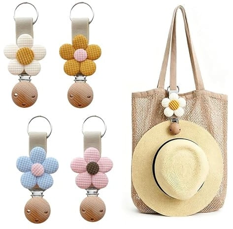 MSLSOZ 4Pcs Hat Clip for Travel on Bags, Wooden Anti-Slip Hat Holder Clip with Metal Ring Carabiner, Prevents Hat Falling, Free Backpack Clip for Beach Vacation Hiking Camping