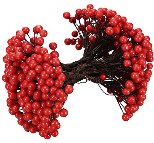 BBTO Artificial Holly Berries on Wire Stems, 250 Stems with 500 Pieces 8 mm Fake Berries for Tree Decorations Wreath Craft Use Wedding Party Favor (Red)