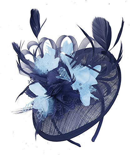 Caprilite Navy Blue and Light Blue Sinamay Disc Saucer Fascinator Hat for Women Weddings Headband