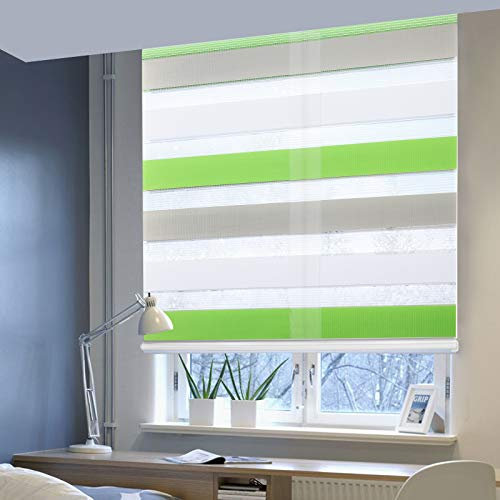 Doppelrollo ohne Bohren Klemmfix, Duo Rollo Seitenzugrollo mit Klämmträgern, Sicht und Sonnenschutz für Fenster Tür Wand, lichtdurchlässig u. Verdunkelnd (Weiß+Grün+Grau, 90 x 150 cm)