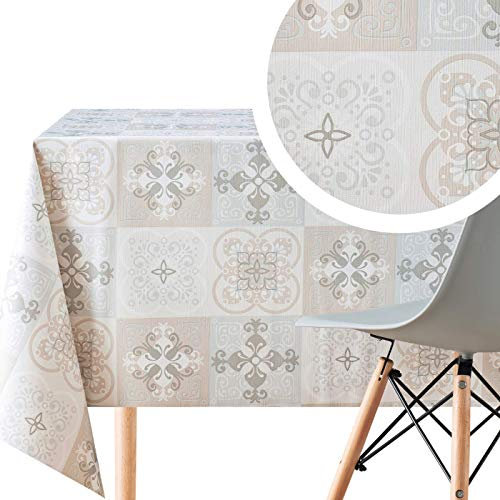 KP Home Abwischbare PVC Tischdecke, Rechteckig 300 x 140 cm, Wasserdichtes Wachstuch, Esstischdecke für Innen/Außenbereich, Beige und Grau in Portugiesischer Kacheloptik mit Fliesen-Muster