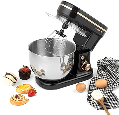 Salter EK4245RG Electric Stand Mixer – Large Baking Whisk with 5 L Stainless Steel Mixing Bowl, 6 Speed Settings, Includes Whisk, Dough Hook and Beater, Removable Splash Guard, Black/Rose Gold, 1200W