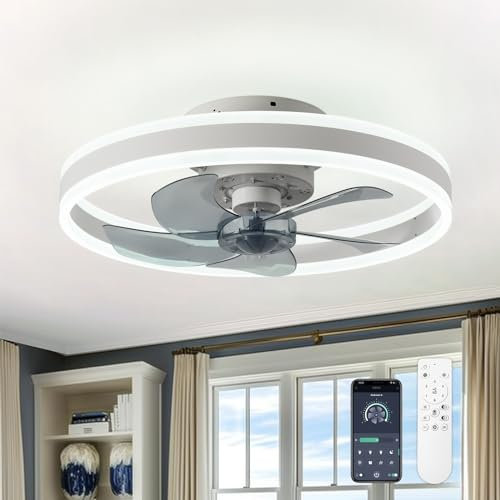 CHANFOK Ceiling Fan with Light - Flush Mount Modern Indoor 19.7 LED Dimmable Low Profile Ceiling Fans with Remote Control,Smart 3 Light Color Change and 6 speeds