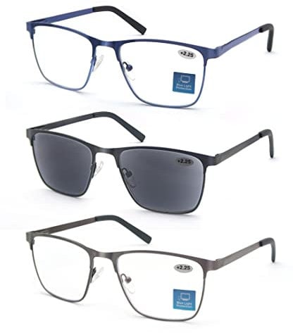 MODFANS 3er-Pack Lesebrille Herren Blaulichtfilter Metallrahmen Rechteck Stil Edelstahl Material Schwarz Grau Blau