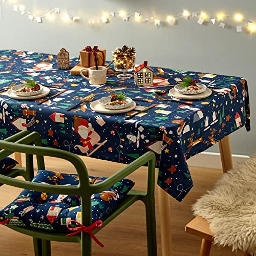 Catherine Lansfield Dining Santa's Christmas Wonderland Wipe Clean 132x229 cm Table Cloth Navy