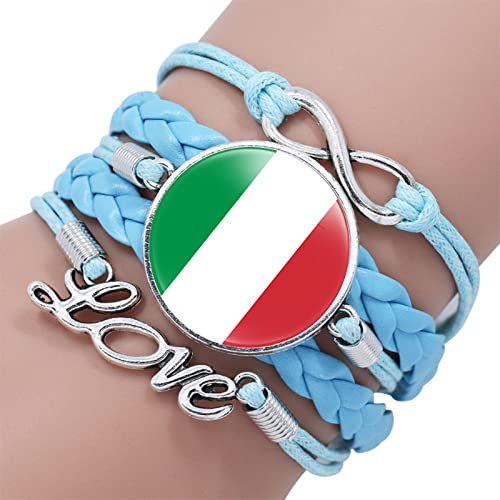 ldygefow Flag Style Braided Leather Bracelets,Creative National Personality Italian Flag Art,Love Text Time Gemstone Bracelet Glass Snap Bead Wristband Unisex Braided Leather Bracelet,Blue,25Mm
