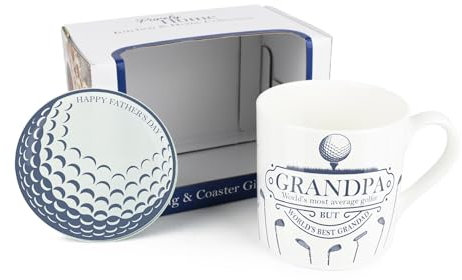 Purely Home Fathers Day Grandad Mug & Coaster Gift Set Average Golfer Gift - Bone China Mug/Coaster Blue Golf Sport Grandpa Gift Coffee/Tea Gift