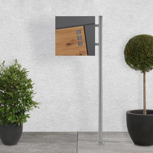 ECD Germany Standbriefkasten mit Zeitungsfach, Design Briefkasten mit Pfosten, Briefkastenanlage, Briefkastenständer Silber 120 cm Edelstahl, Postkasten Anthrazit-Holzoptik Stahl pulverbechichtet