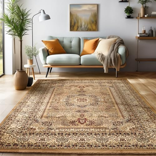 SIMPEX Orientalischer Teppich Wohnzimmer, Schlafzimmer, Esszimmer, Läufer, Flur Boho Teppich Kurzflor Weich 12 mm Carpet Orient, Beige, 300 x 400 cm