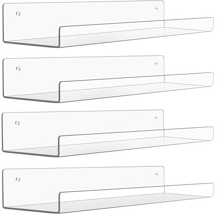 Winter Shore Etageres Murales en Acrylique Transparent 380 mm [Lot de 4] - Etagere Invisible Livres, Décoration, Plantes, Jouets - Pour Chambre, Salon, Salle de Bain, Cuisine, Bureau