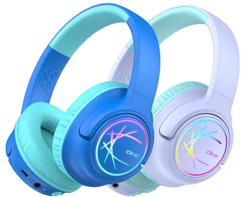 iClever Bluetooth kopfhörer Kinder mit LED-Leuchten, 74/85/94dB Lautstärkebegrenzung, 43 Stunden Spielzeit, Stereo-Sound, Typ-C, AUX-Kabel, Bluetooth5.3 Kinderkopfhörer für Tablet/Reisen