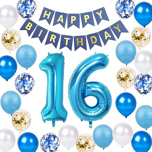 Luftballon 16. Geburtstag Blau Gold, 16 Jahr Geburtstagsdeko Junge, 16 Geburtstag Dekoration Blau, 16. Geburtstagparty Deko Jungen Blau Gold, 16. Geburtstagdeko Mädchen Jungen(16.)